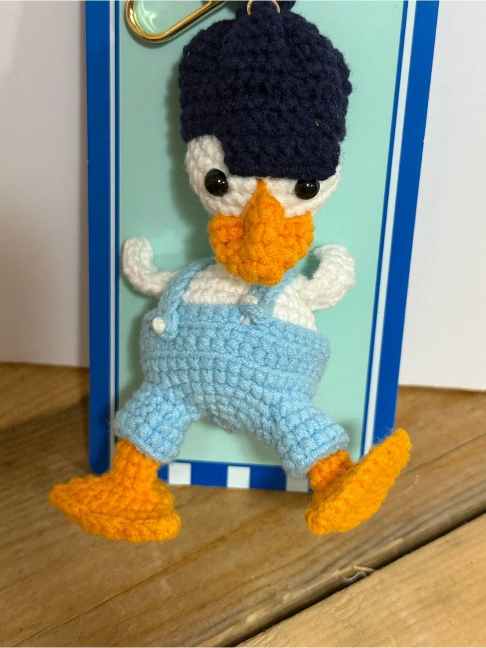 Piper Navy, Light Blue and Orange Crochet Duck Key Charm